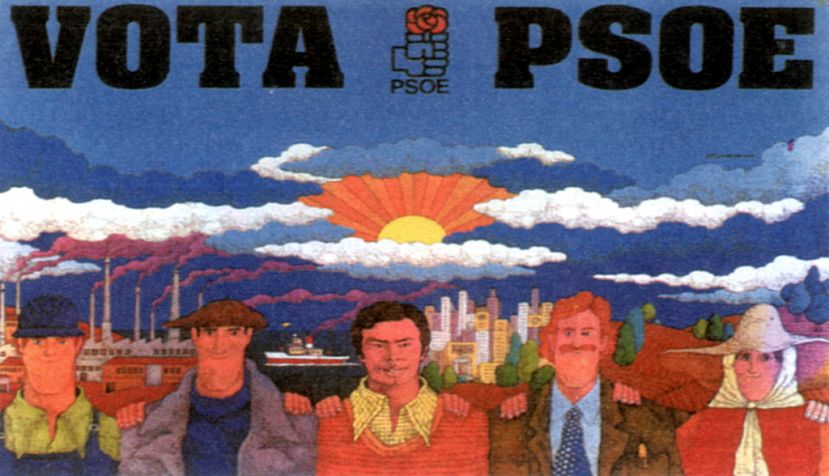 Cartel del Partido Socialista obra de José Ramón Sánchez en la campaña electoral de las elecciones de 1977. En el centro aparece Felipe González, abrazado como uno más con un compañero del metal, un paisano con la imprescindible boina, lo que parece un funcionario con camisa y corbata y una agricultora / ARCHIVO